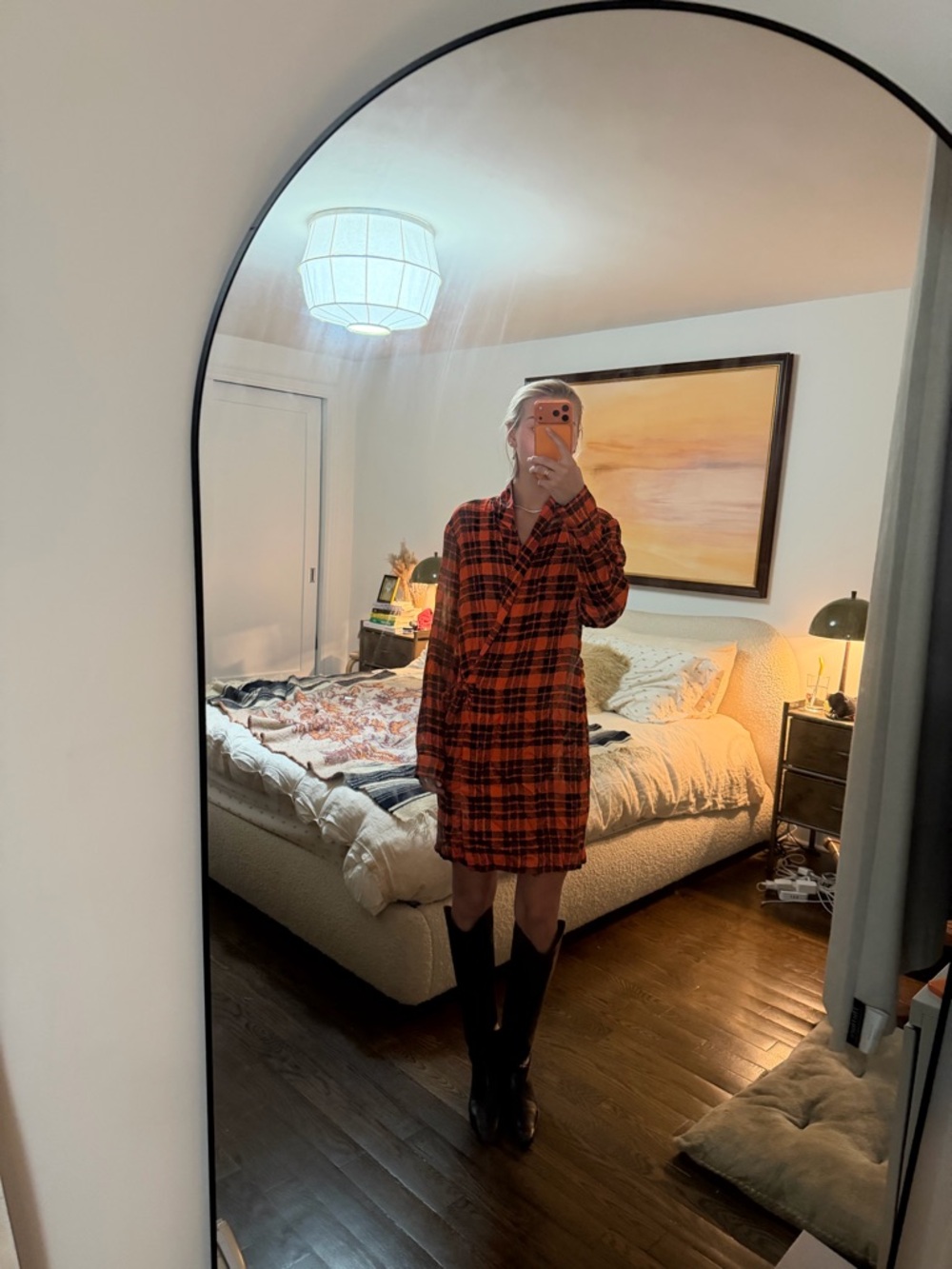 Dries Van Noten Orange and Black Plaid Mini Dress